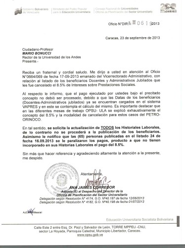 Carta recibida de OPSU informando sobre la suspensión de publicación de 65 personas ULA en el último listado de Petrorinocos